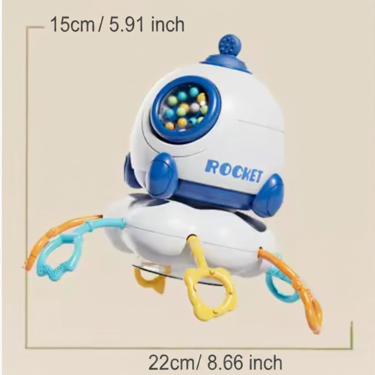 Rocket pull-string sensory toy dimensions showing 15 cm or 5.91 in height and 22 cm or 8.66 in width