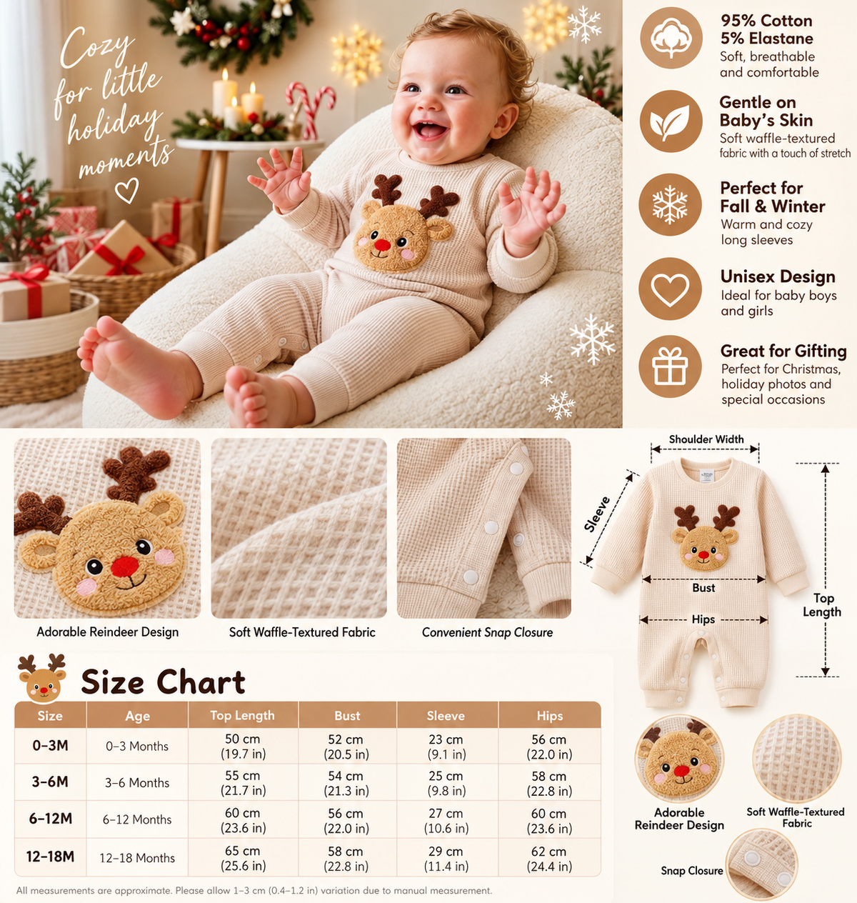 Cream Rudolph reindeer baby romper size guide showing measurements for 0–3M, 3–6M, 6–12M and 12–18M, waffle fabric texture and snap closure details