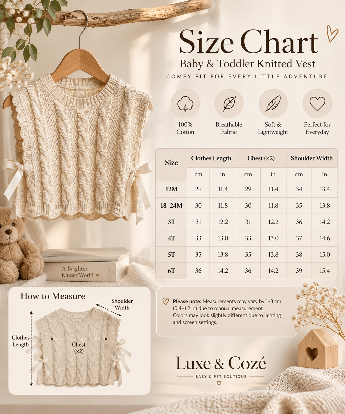 Girls’ cable-knit vest size chart with measurements in inches and centimeters