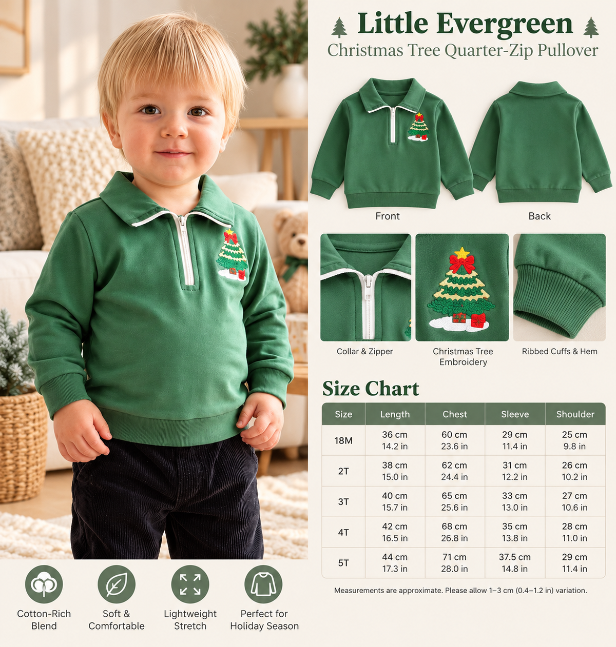 Little Evergreen Christmas Tree Quarter-Zip Pullover product guide featuring front and back views, collar, zipper, embroidered Christmas tree details, and toddler size chart from 18M to 5T