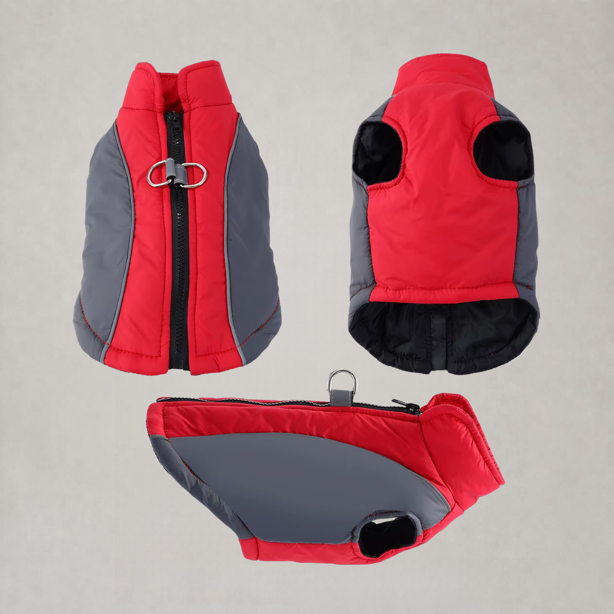 WindGuard Windproof Dog Vest in Red and Gray showing front zipper, D-ring, back and side views