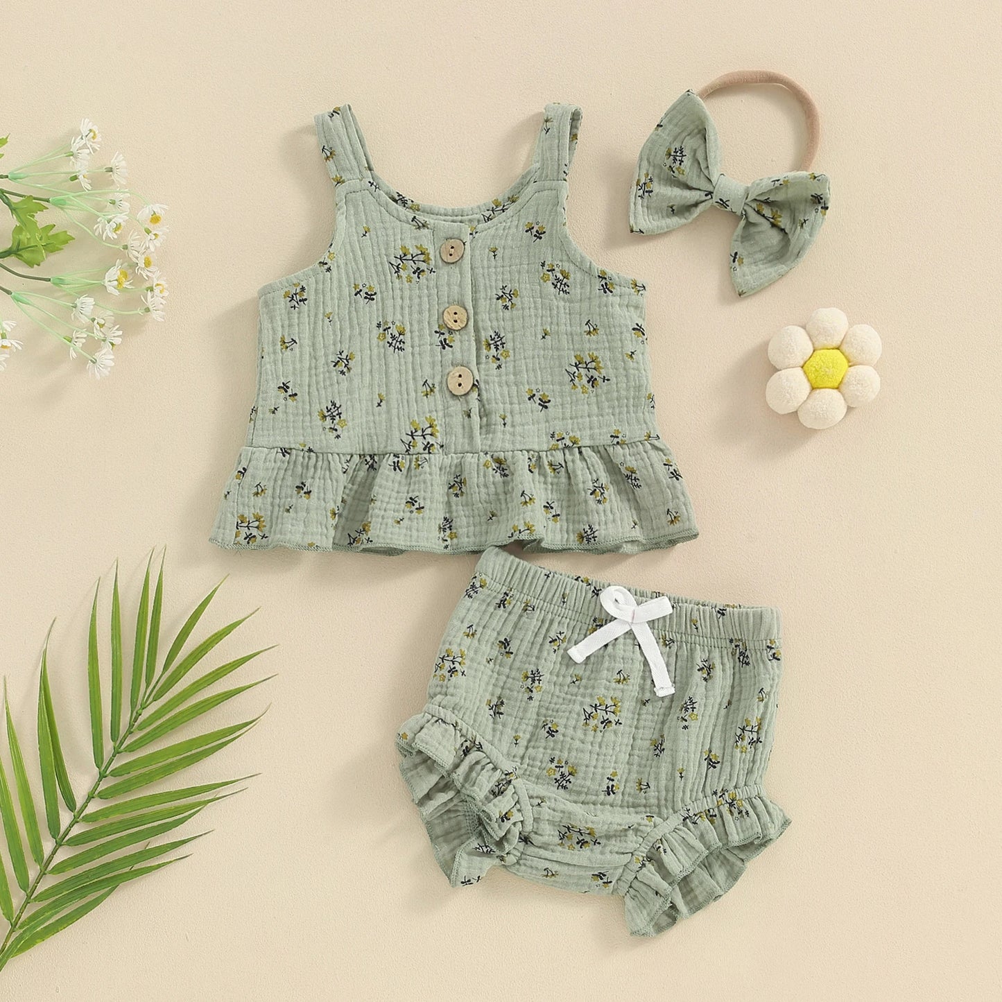 3Pcs Infant Baby Girls Summer Clothes Sets 0-24M Flowers Print Sleeveless Strap Button Vest Tops Shorts