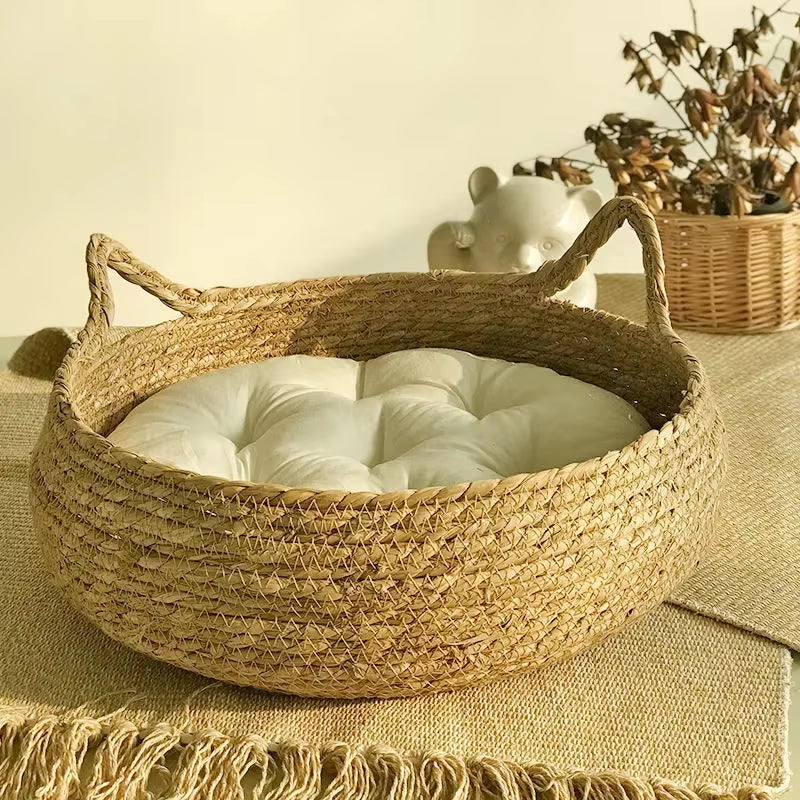 Four Seasons Universal Handmade Vine Woven Cat Nest with Detachable Washable Warmth Pad - Perfect Winter Pet Accessory!