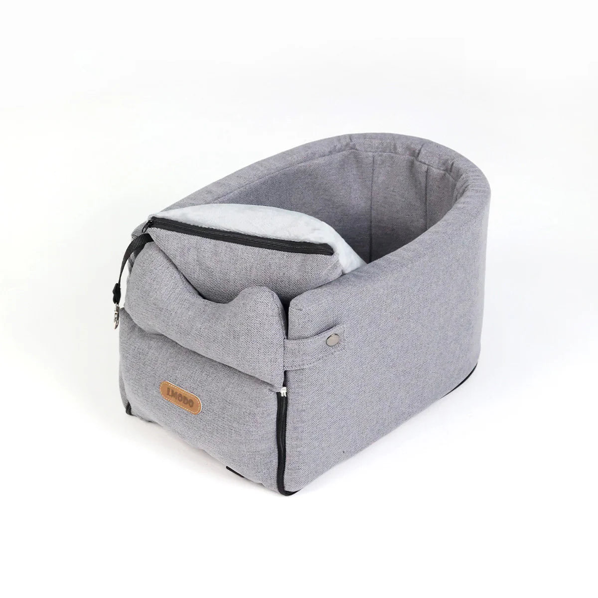 “Gray luxury portable pet car seat bed with cushion – safe travel seat for small dogs and cats”