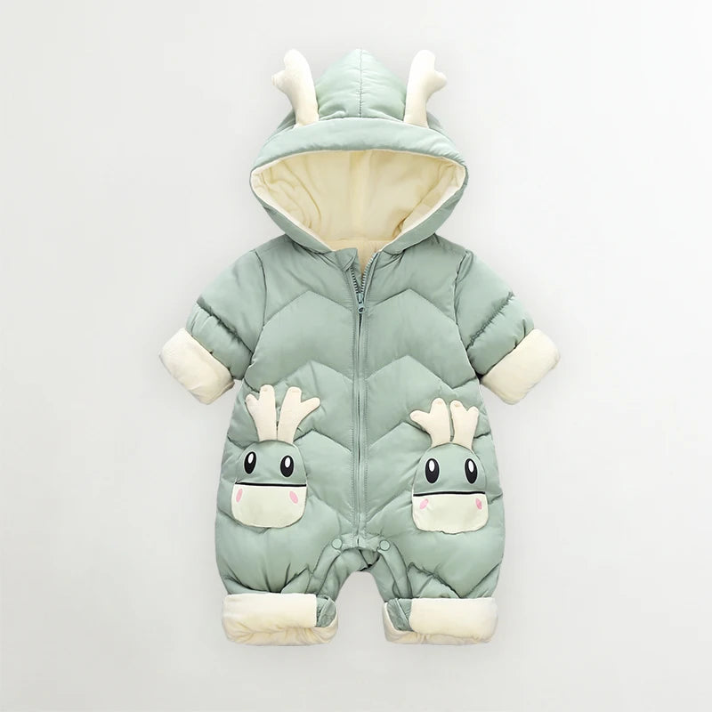 “Forest green baby snowsuit with reindeer ears and plush velvet lining – warm winter clothing”