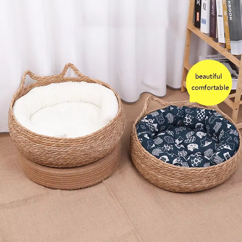 Four Seasons Universal Handmade Vine Woven Cat Nest with Detachable Washable Warmth Pad - Perfect Winter Pet Accessory!