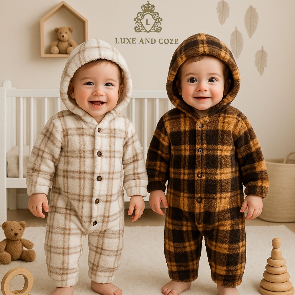 “Two smiling babies wearing Luxe and Coze plaid hooded rompers in beige and brown, cozy winter baby outfits.”