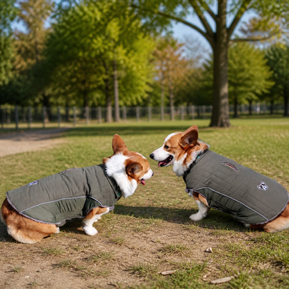 Two dogs wearing olive green quilted winter coats outdoors in a grassy park