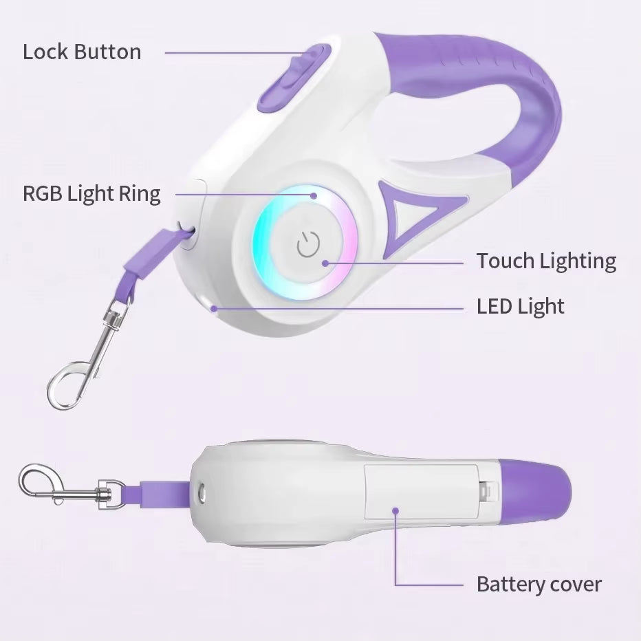 “LED retractable dog leash with lock button, RGB light ring, touch lighting control, LED flashlight, and battery cover – purple design.”