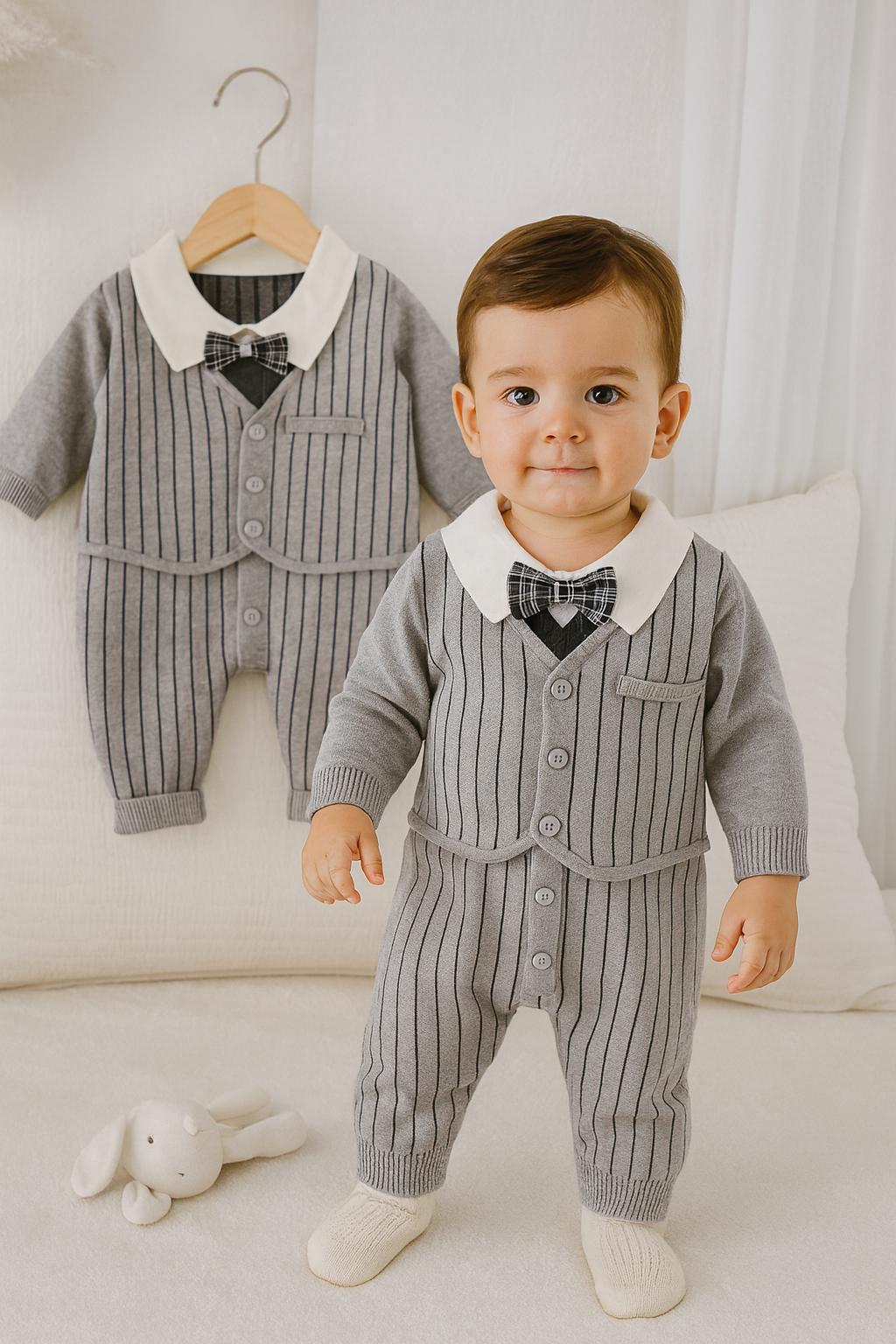 “MILANCEL Signature Knit Romper – Premium Striped Fall One-Piece for Baby Boys (3–24M)”