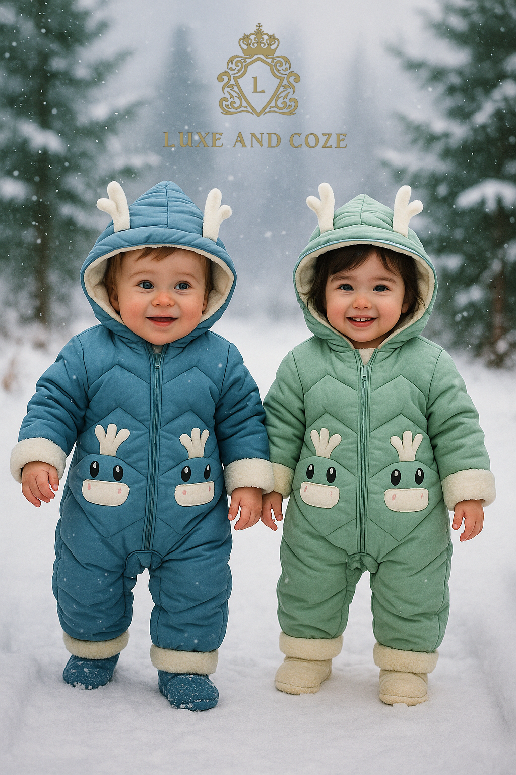 “Baby boy in blue snowsuit and baby girl in green snowsuit with reindeer ears – cozy winter outfits for snowy days”
