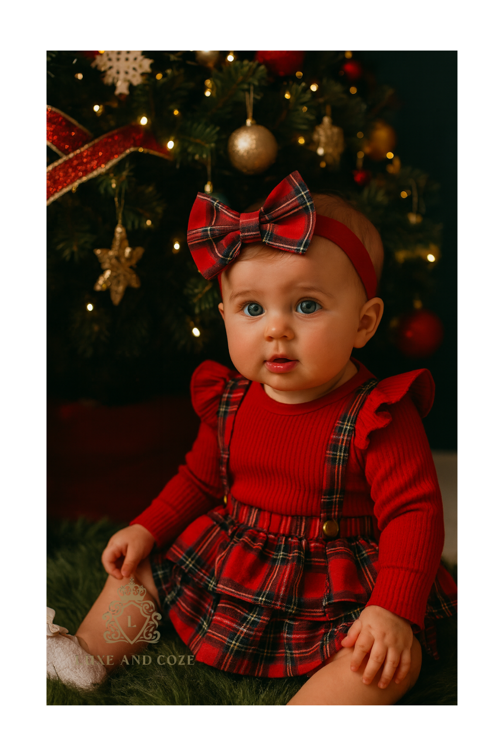 👶 Model Photos

1. Baby girl in red ruffle long-sleeve top with plaid Christmas dress romper and bow headband, sitting by Christmas tree.

2.  Baby girl holiday outfit in red and plaid with matching bow, perfect for Christmas photos.