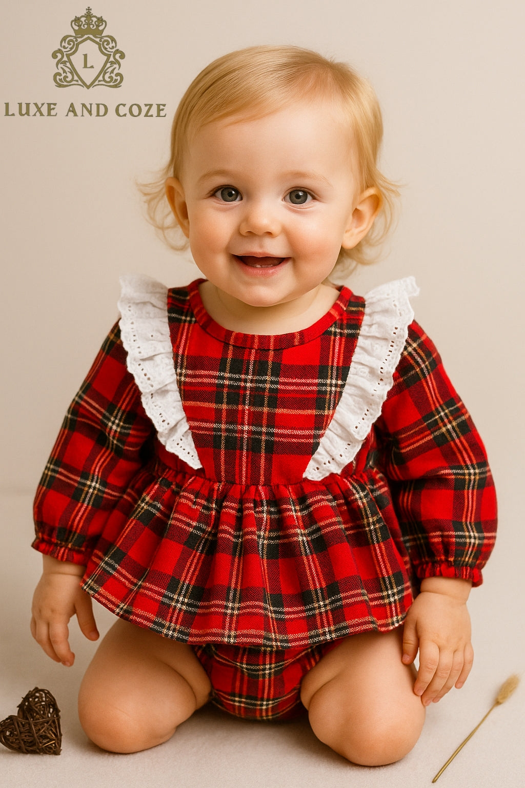 "Holiday Elegance Baby Romper – Premium Plaid Dress with Lace Ruffles (6M & 12M)"