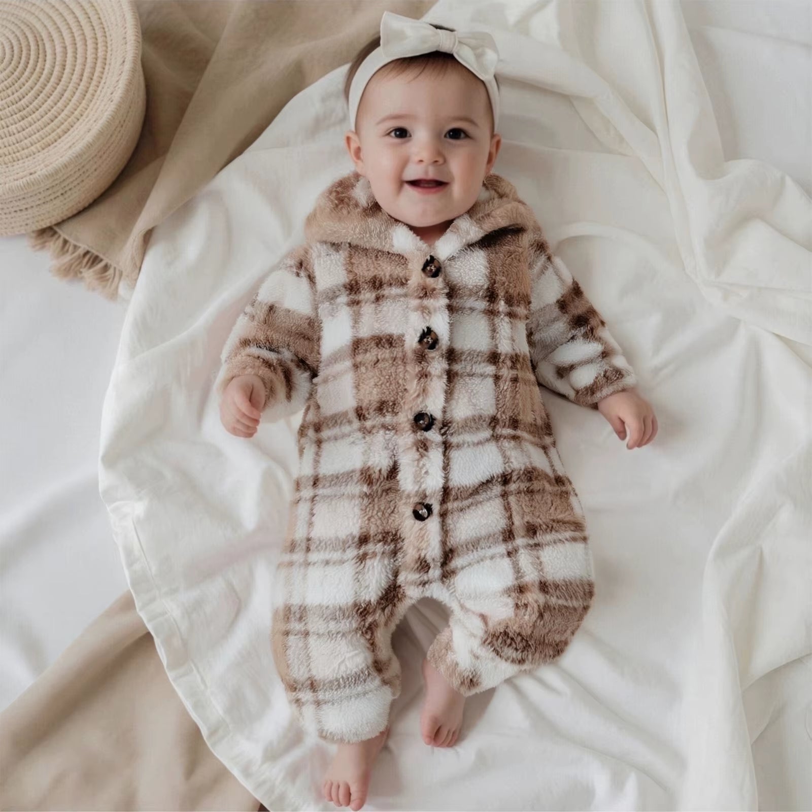 Infant hooded plaid romper in cozy cream – front view on hanger