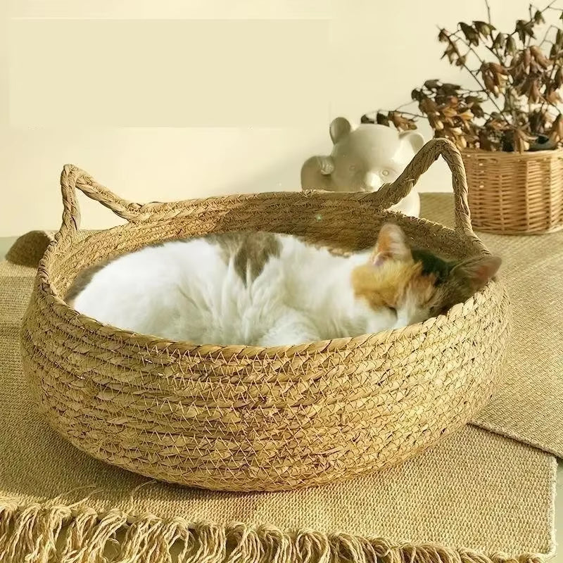 Four Seasons Universal Handmade Vine Woven Cat Nest with Detachable Washable Warmth Pad - Perfect Winter Pet Accessory!