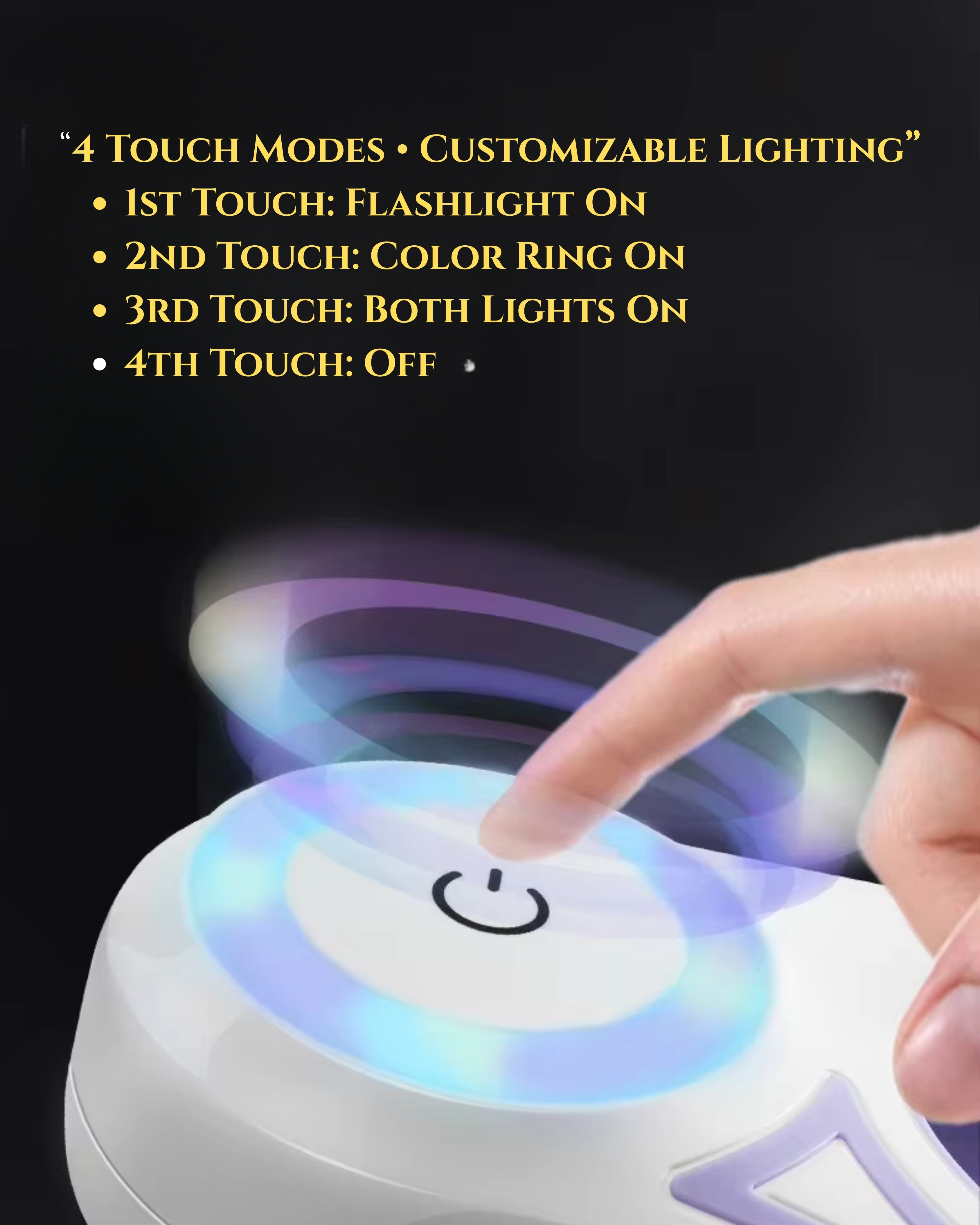“Smart touch LED retractable dog leash with customizable 4 touch modes: flashlight, color ring, both lights on, or off.”