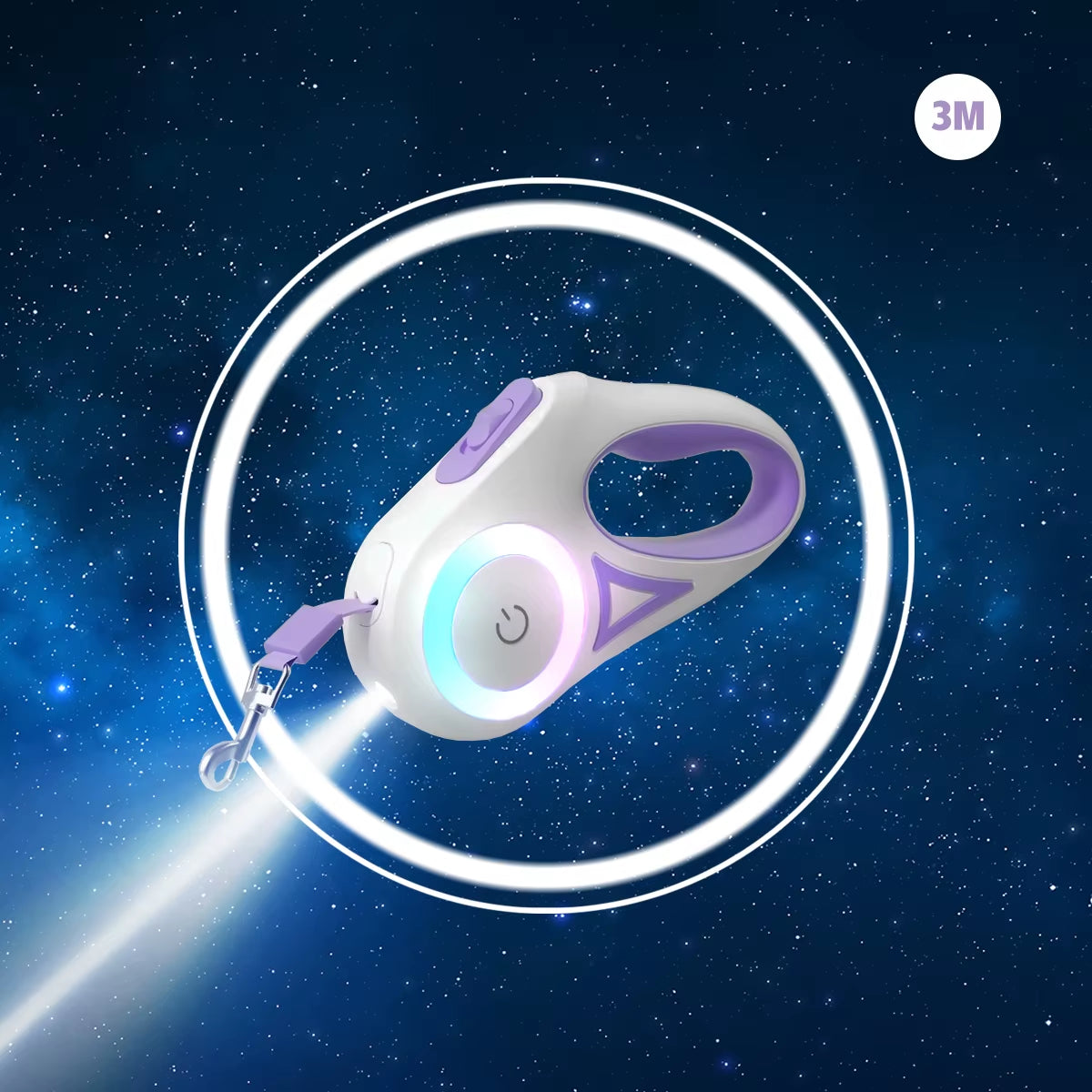 “3M LED retractable dog leash with flashlight and RGB light ring, durable nylon rope, purple handle design.”