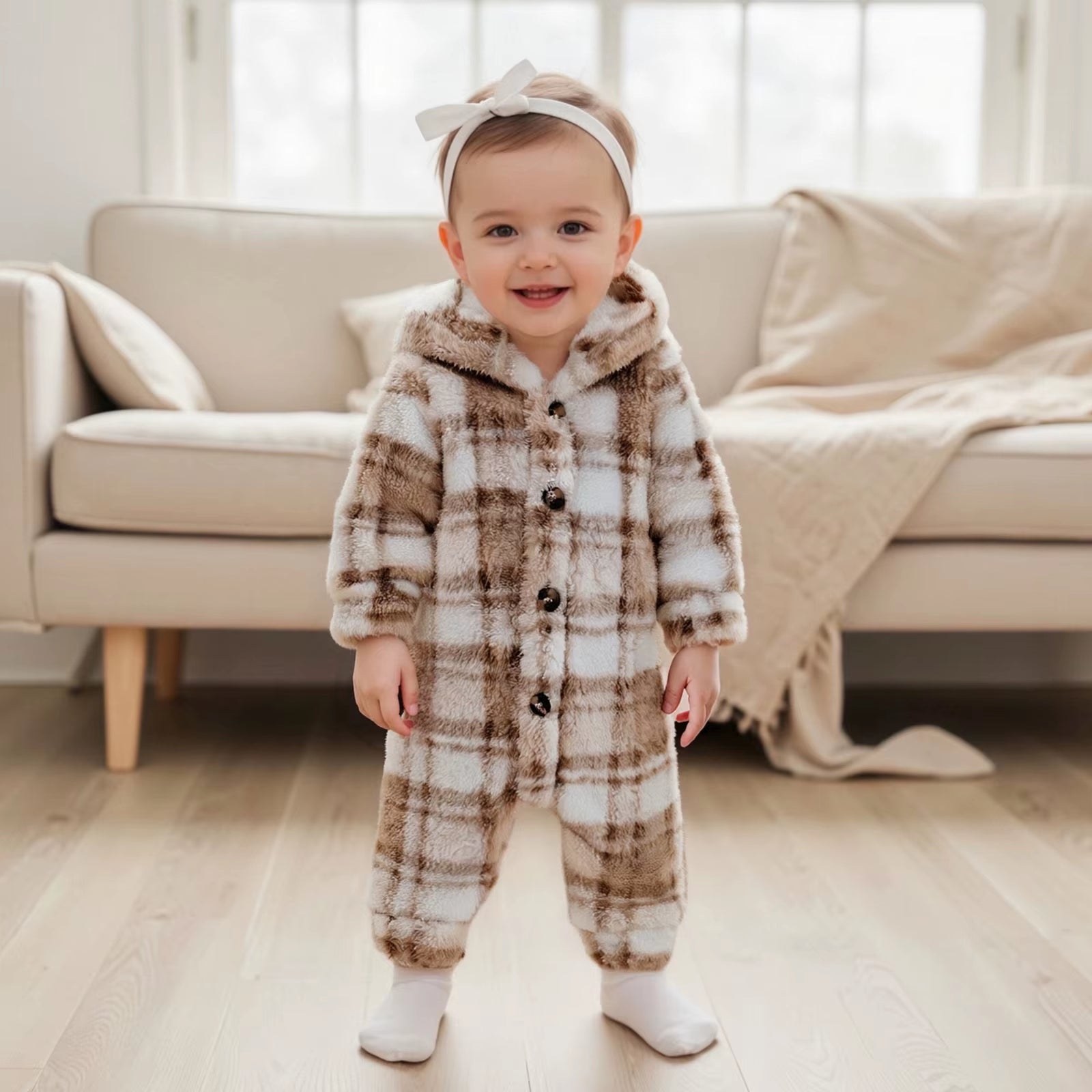 Baby wearing cozy cream plaid hooded romper, lying on blanket smiling
