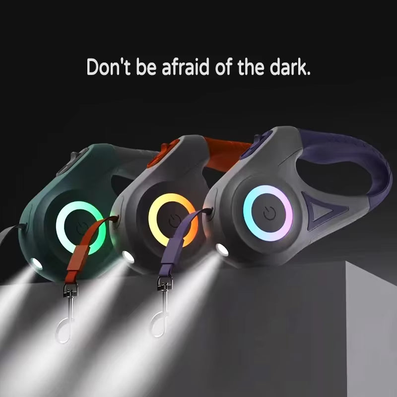 “LED retractable dog leashes glowing in the dark with built-in lights for safe night walks.”