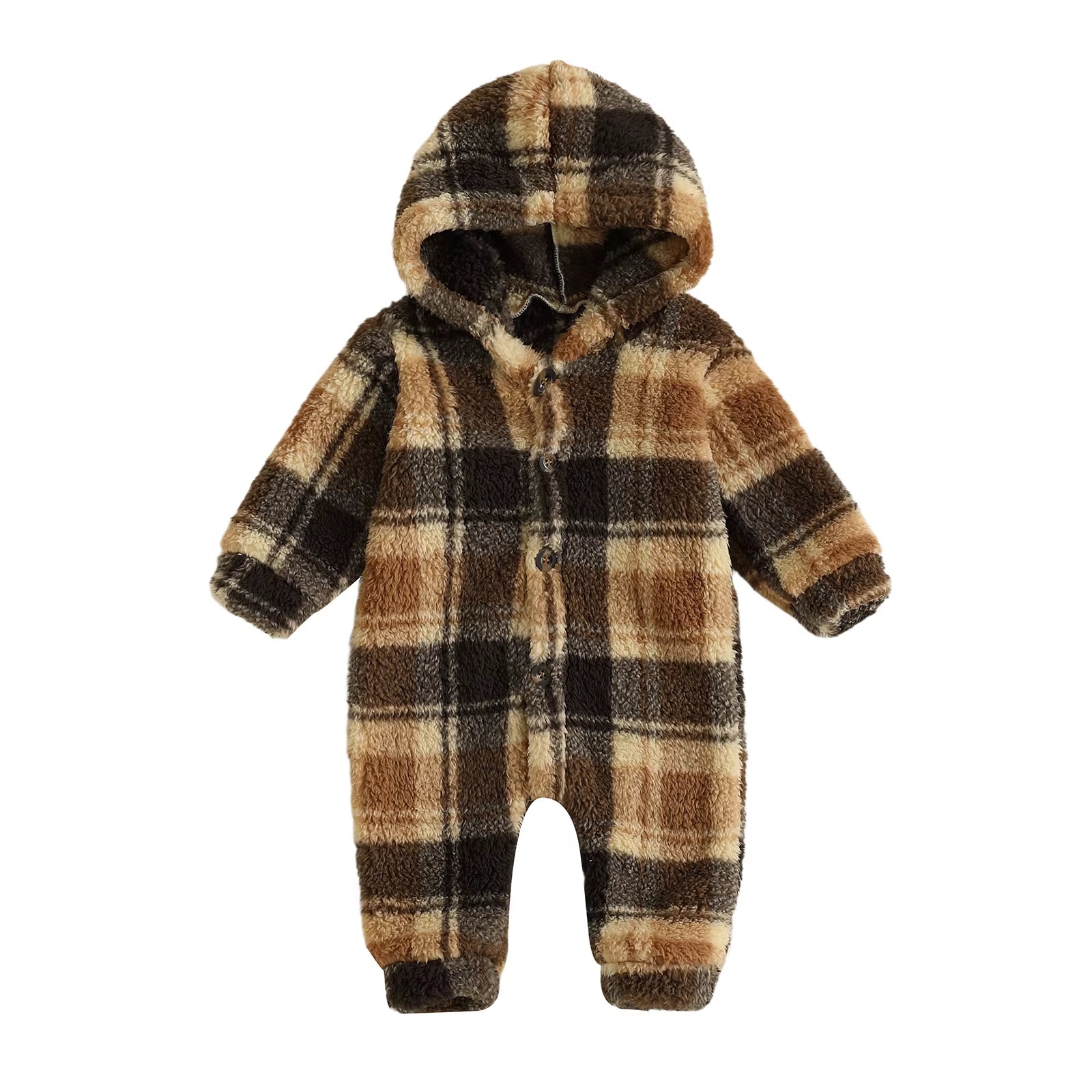 Infant hooded romper in classic chestnut plaid – soft fleece winter baby outfit