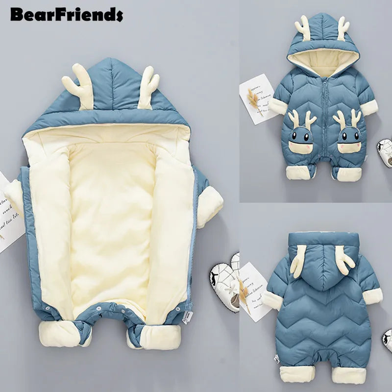 “Blue baby snowsuit with hood and playful reindeer ear details – insulated outerwear for winter”