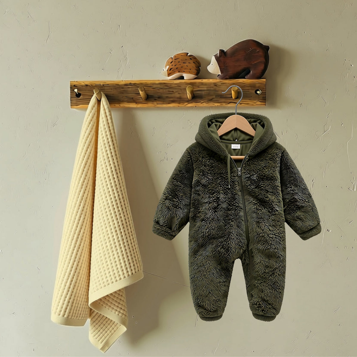 Army green fuzzy bear hooded baby romper with full-length zipper
