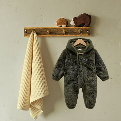 Army green fuzzy bear hooded baby romper with full-length zipper