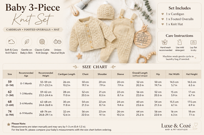 Cream baby 3-piece knit set size chart and care instructions for cardigan, footed overalls and hat