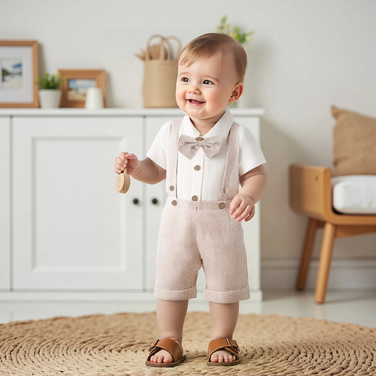 Baby boy wearing a sand beige suspender romper set standing indoors.