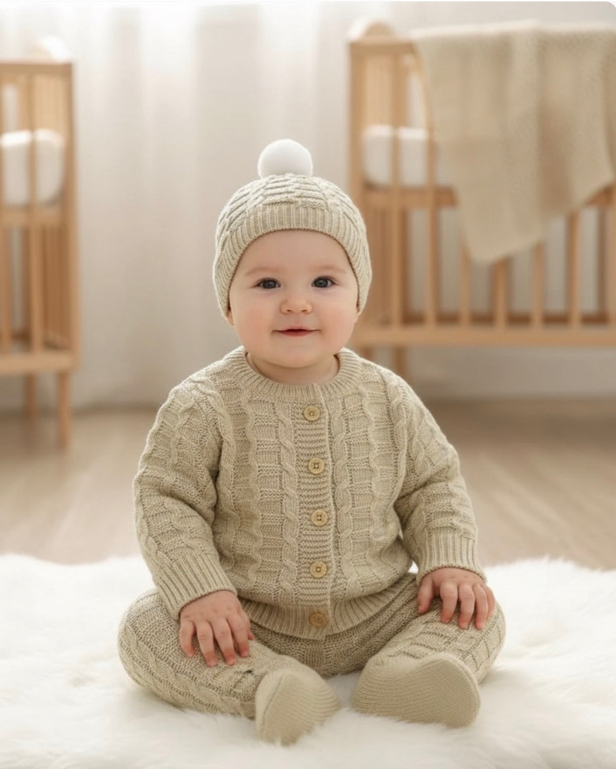 Baby wearing a cream cable-knit overall, cardigan and pom-pom hat