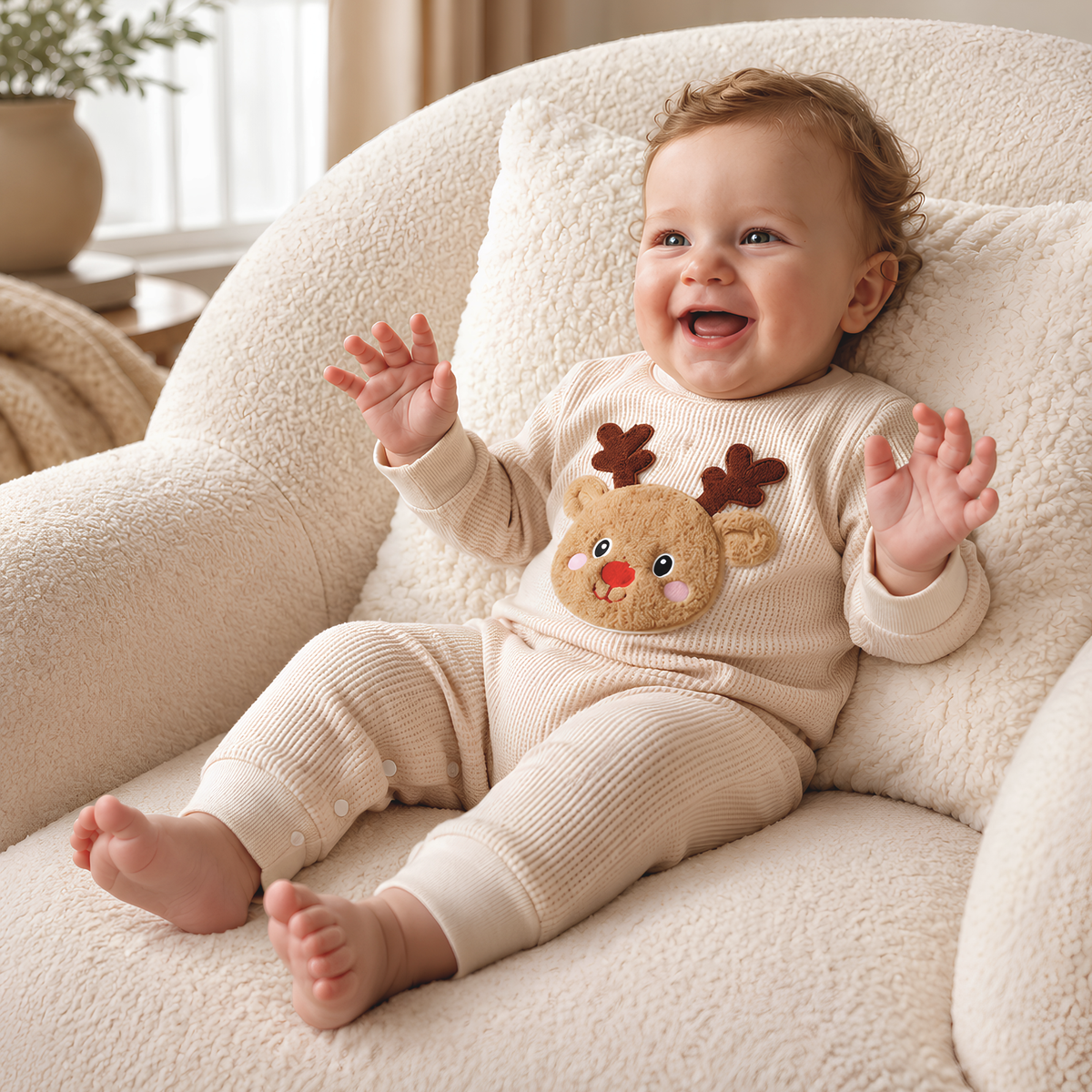 Smiling baby sitting on a white cozy chair wearing a cream waffle-textured reindeer baby romper with a raised plush Rudolph design