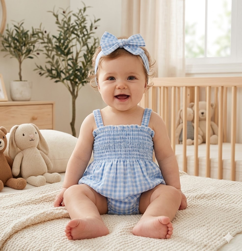 Baby girl wearing Blue Gingham smocked romper with matching bow headband