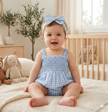 Baby girl wearing Blue Gingham smocked romper with matching bow headband