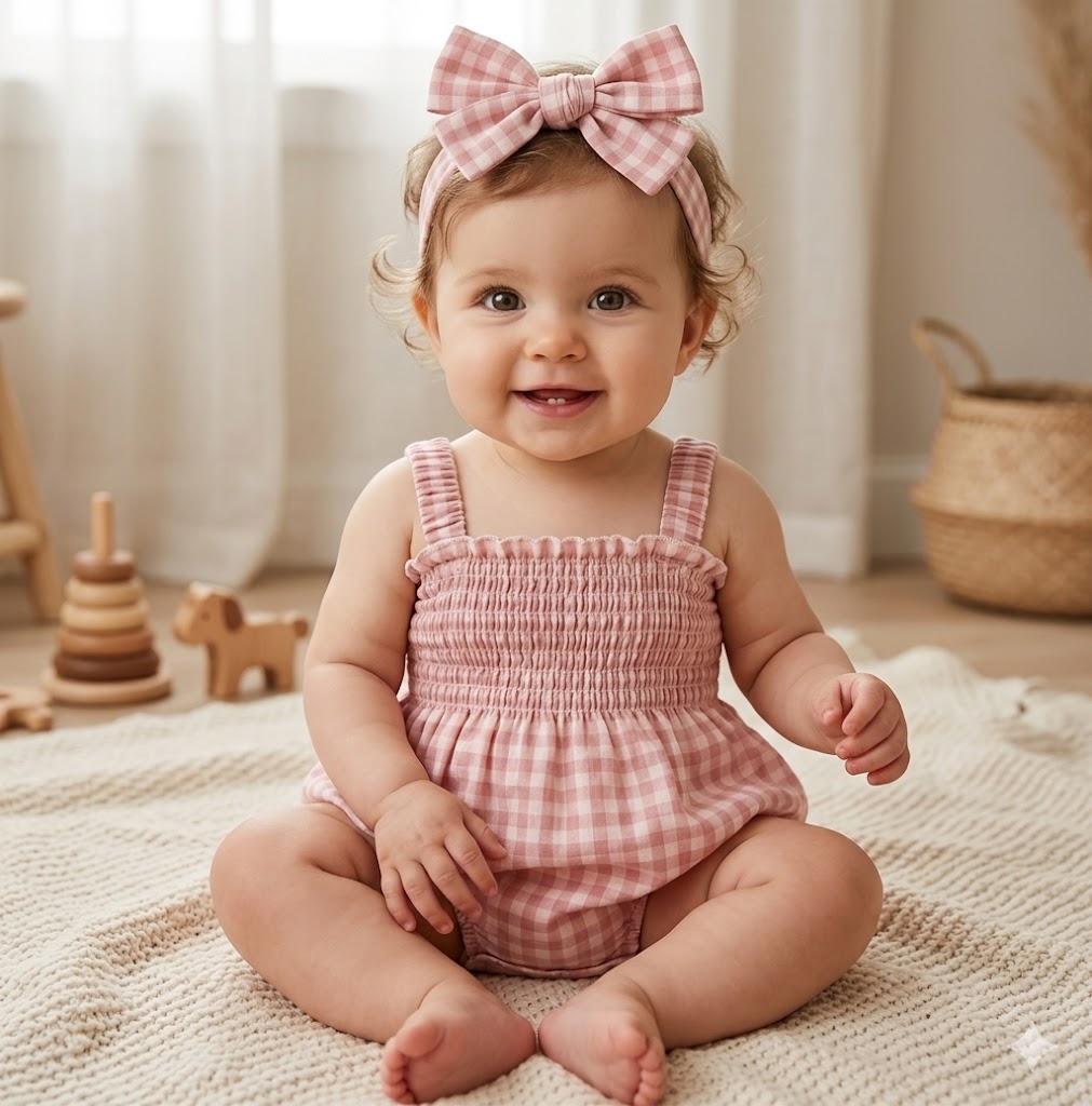 Baby girl wearing Pink Gingham smocked romper with matching bow headband