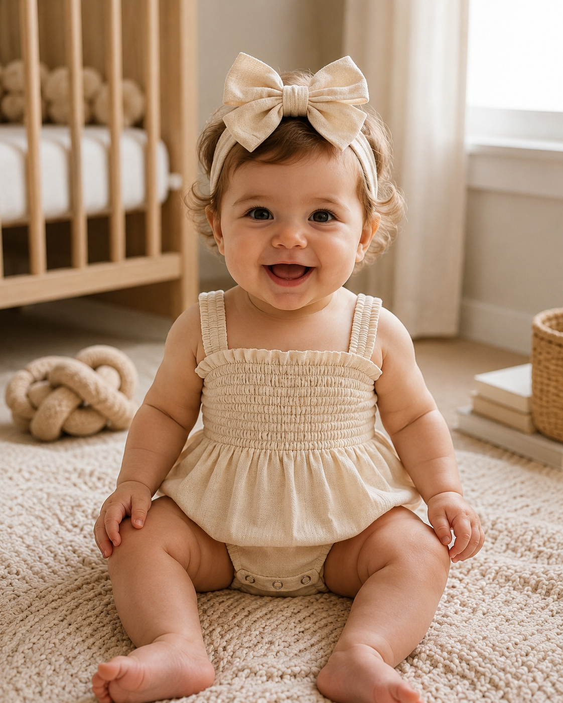 Baby girl wearing Soft Apricot smocked romper with matching bow headband