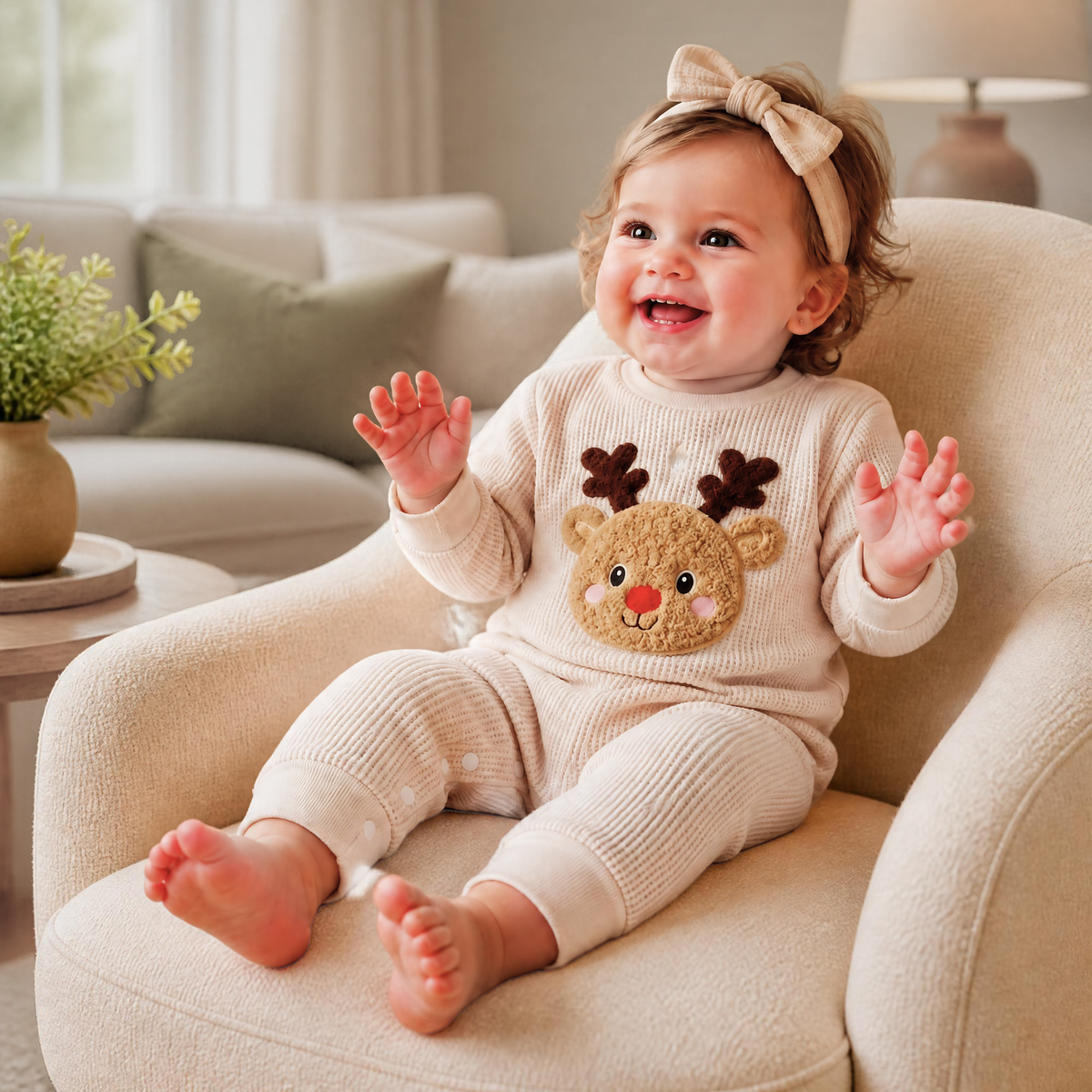 Smiling baby sitting on a white cozy chair wearing a cream waffle-textured reindeer baby romper with a raised plush Rudolph design