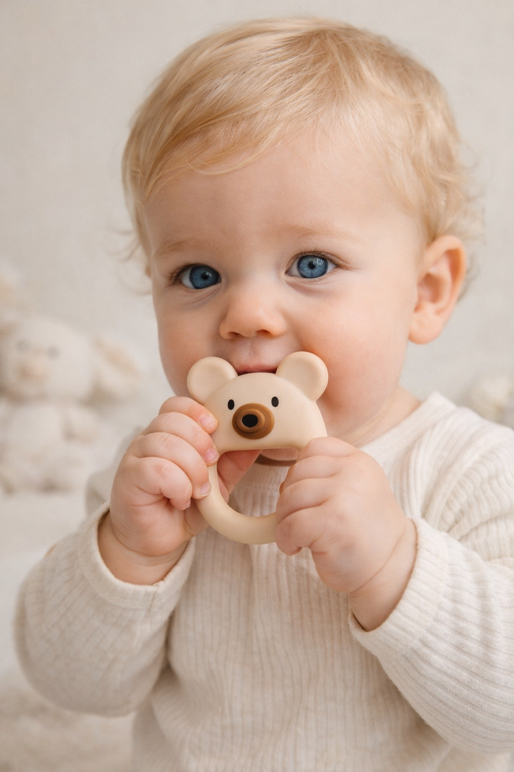 Baby holding a Beige Luxe Bear silicone baby teether