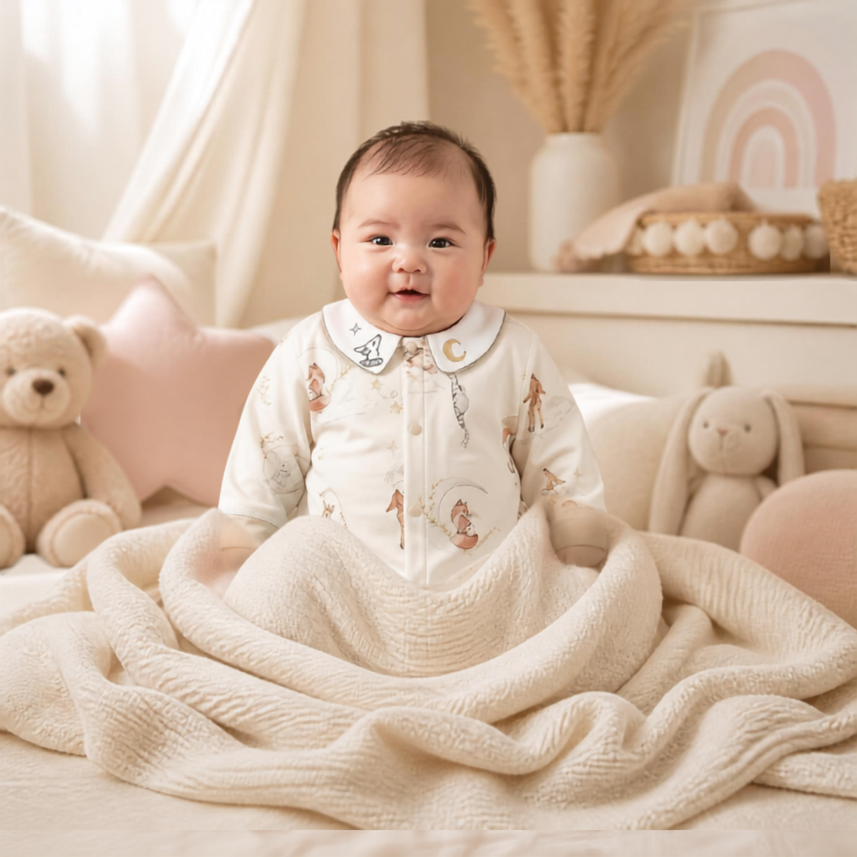 Baby wearing Little Fox 100% cotton romper with Peter Pan collar in neutral nursery
