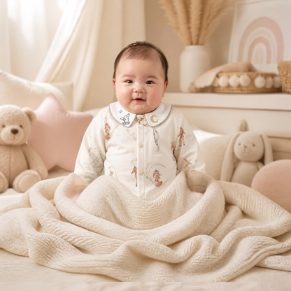 Baby wearing Little Fox 100% cotton romper with Peter Pan collar in neutral nursery