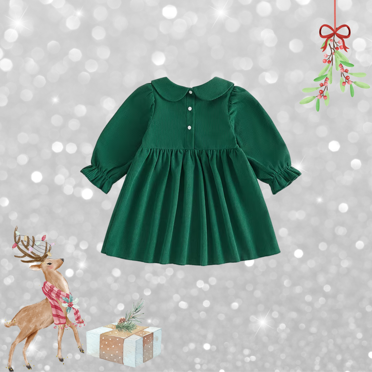 Back view of green Christmas Corduroy Dress for toddler girls with button closure and long sleeves