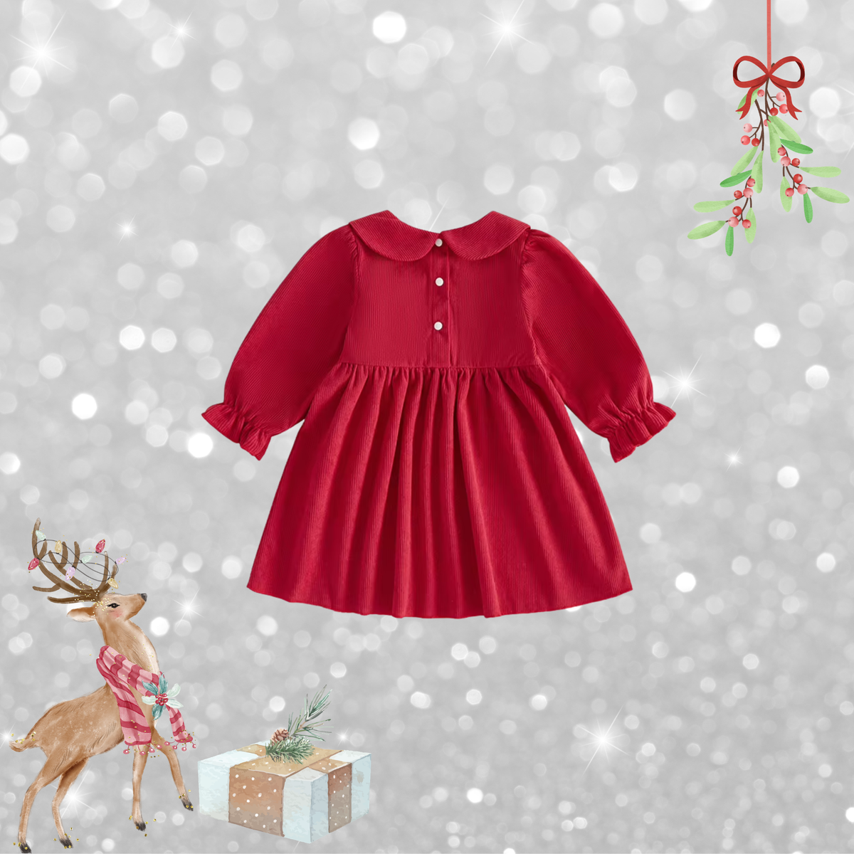 Back view of red Christmas Corduroy Dress for toddler girls with button closure and long sleeves