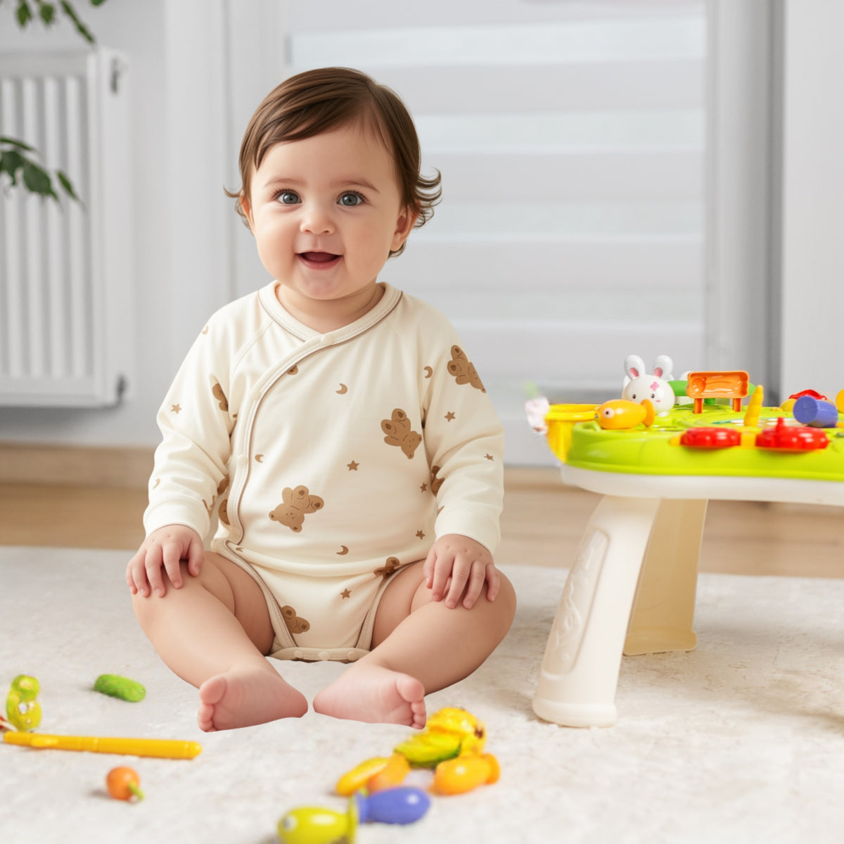 Baby wearing Moon & Bear cotton wrap baby romper