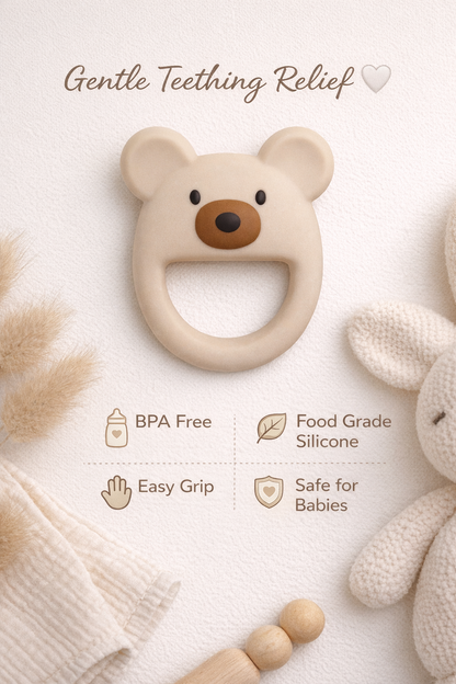 Beige Luxe Bear silicone baby teether with BPA-free, food-grade silicone and easy-grip features