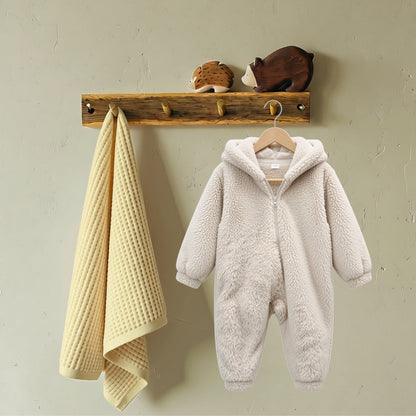Beige fuzzy bear hooded baby romper with full-length zipper