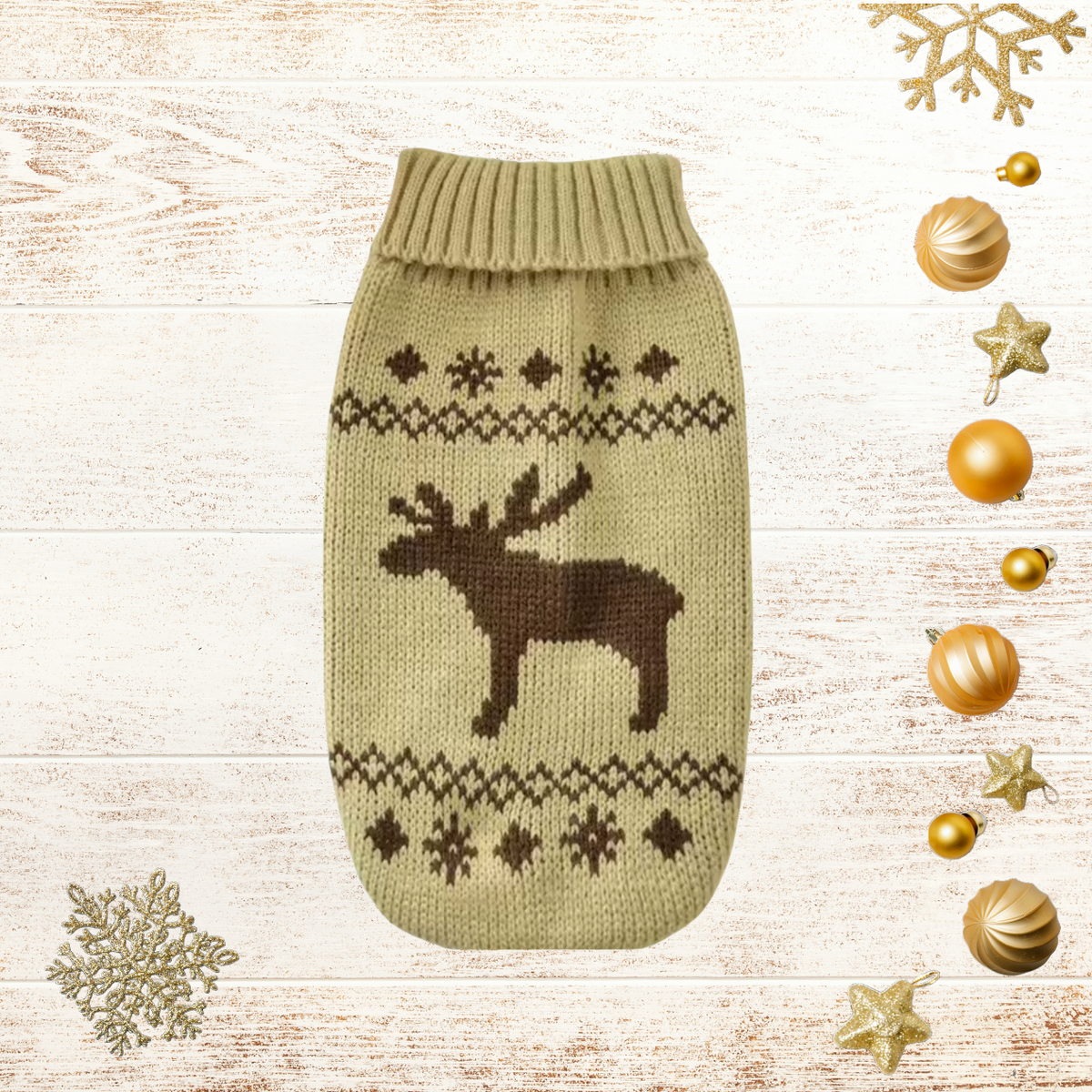 Beige reindeer knit dog sweater featuring a brown reindeer motif, decorative winter patterns and ribbed turtleneck on a festive cream background