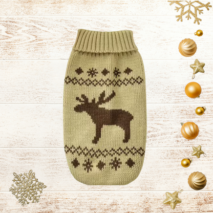 Beige reindeer knit dog sweater featuring a brown reindeer motif, decorative winter patterns and ribbed turtleneck on a festive cream background