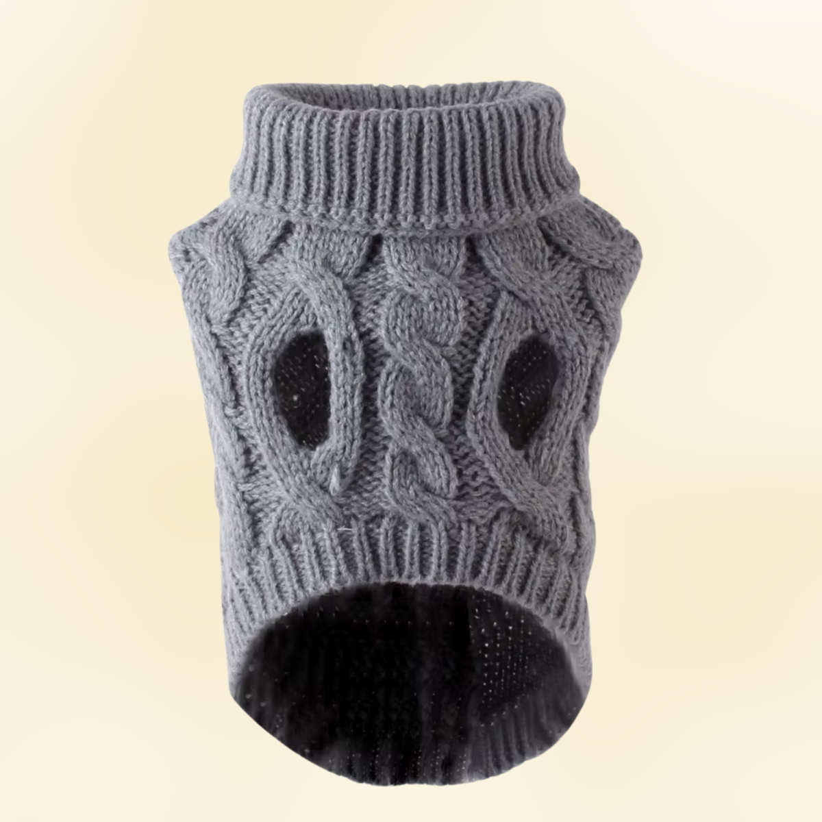 Gray cable knit dog sweater belly-side view