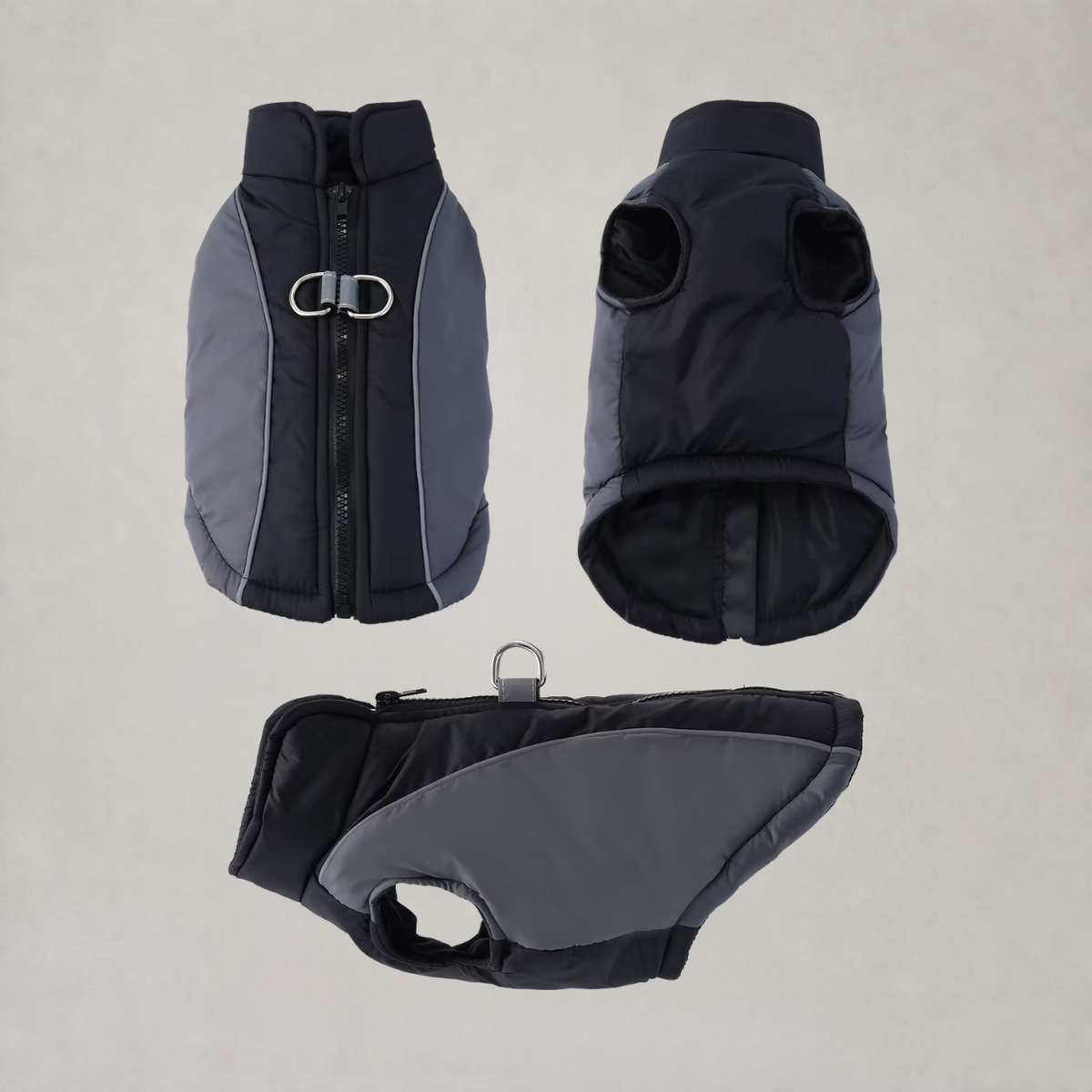 WindGuard Windproof Dog Vest in Black and Gray showing front zipper, D-ring, back and side views