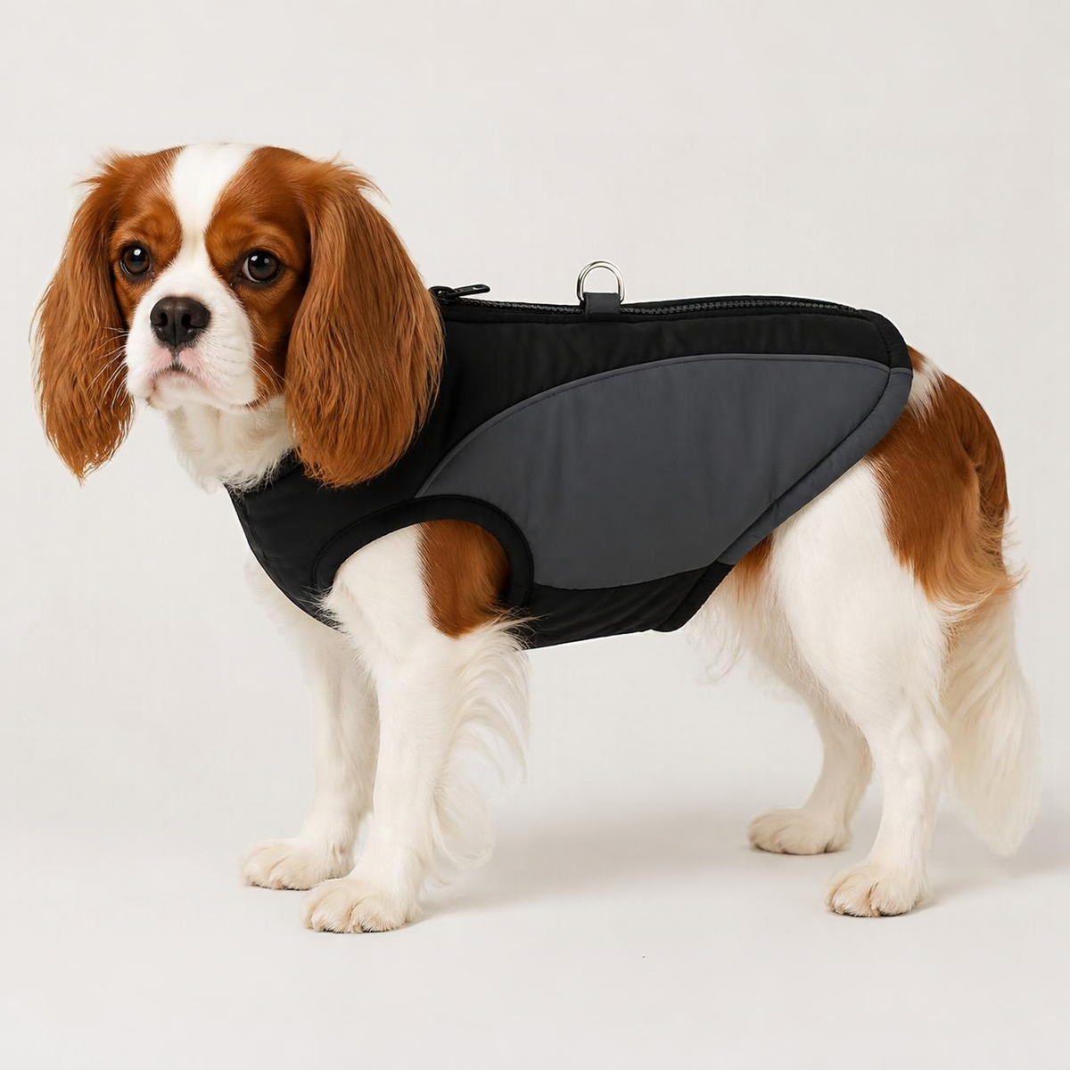 Cavalier King Charles Spaniel wearing WindGuard Windproof Dog Vest in Black and Gray, side view