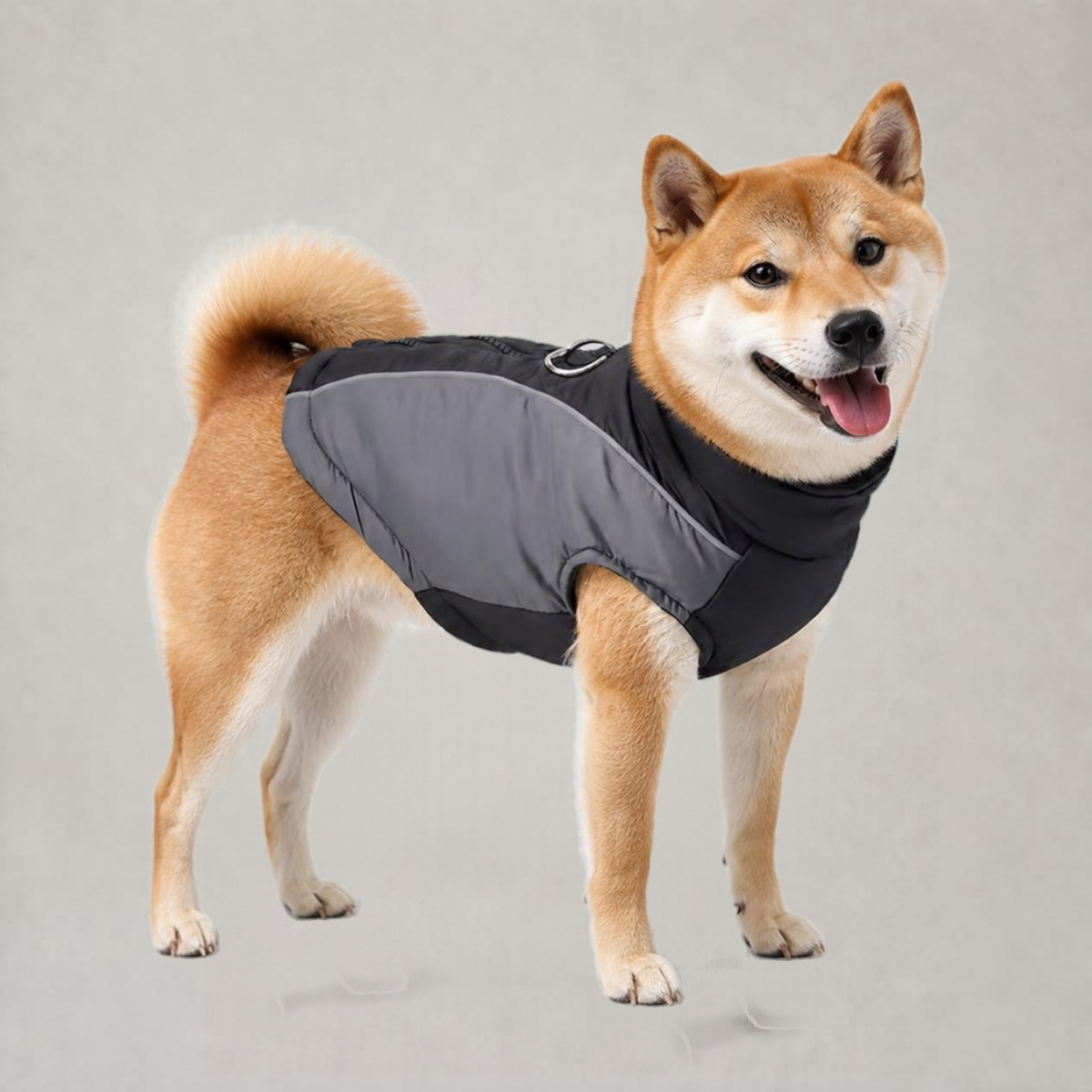 Shiba Inu dog wearing WindGuard Windproof Dog Vest in Black and Gray, side view with reflective trim